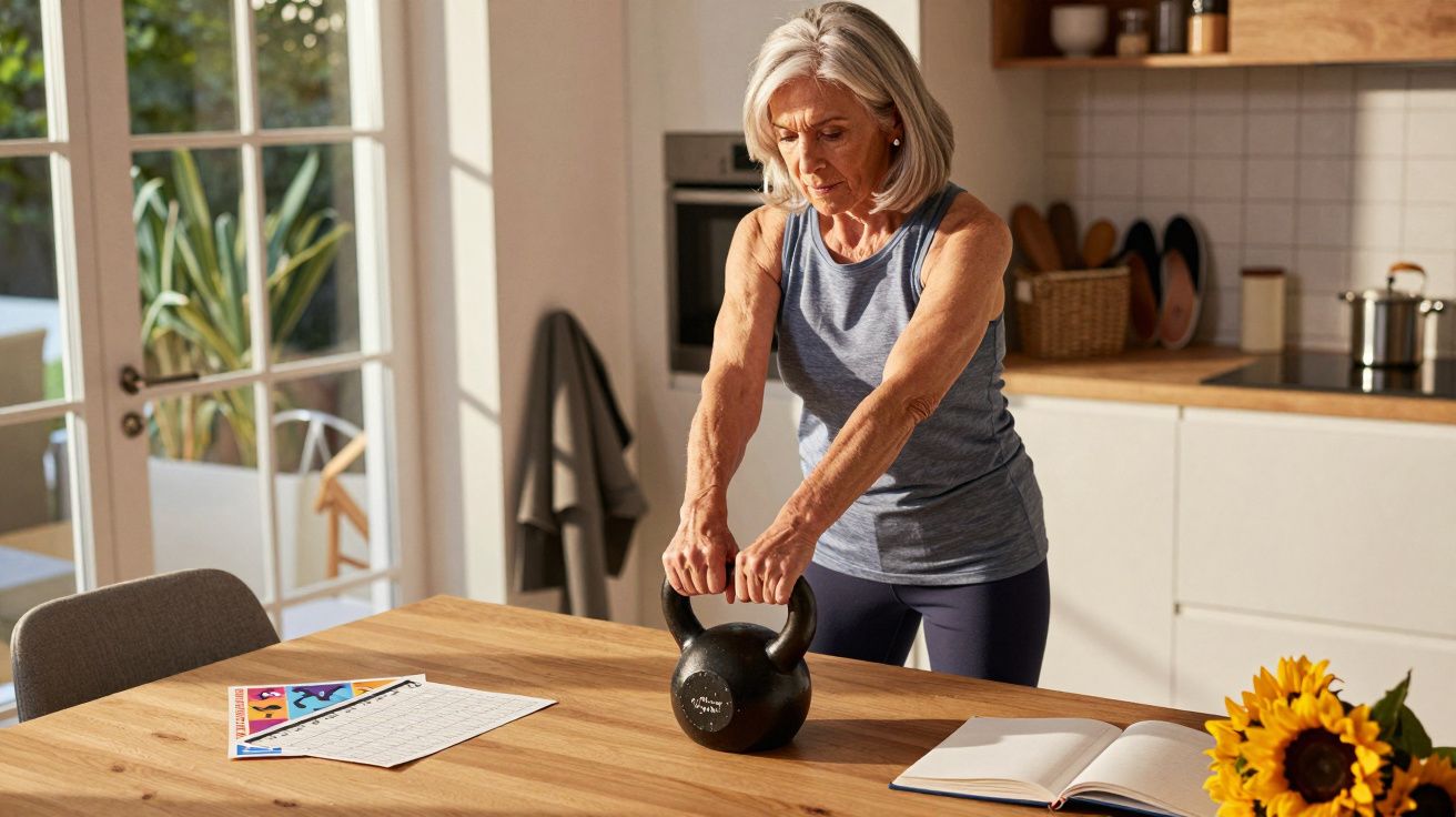 Mulher idosa a levantar kettlebell numa cozinha, com livros e flores sobre a mesa.