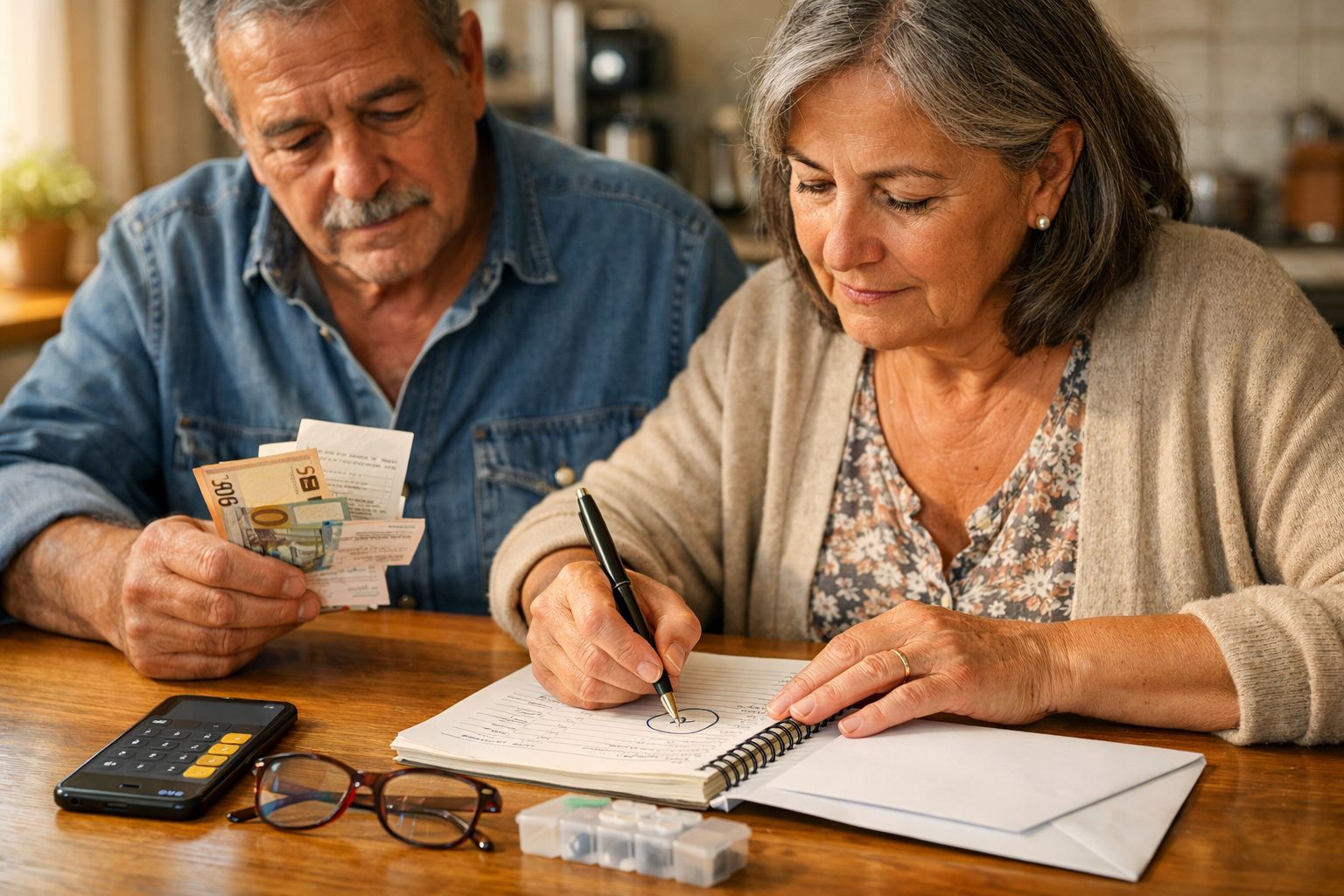 Casal idoso revisa contas numa mesa com calculadora e caderno, enquanto uma mulher escreve ao lado de notas de euro.