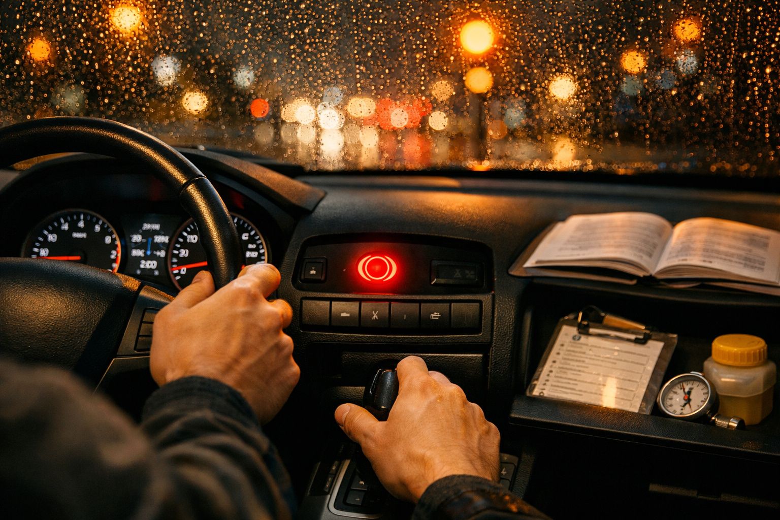 Mãos no volante de carro à noite, chuva na janela, interiores iluminados, livro e notas no painel.