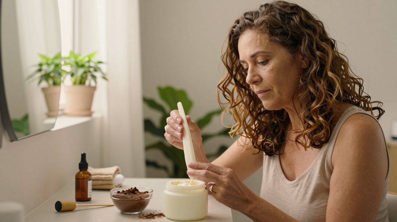 Mulher preparando creme caseiro em pote, com ingredientes naturais ao lado, numa sala iluminada por luz natural.