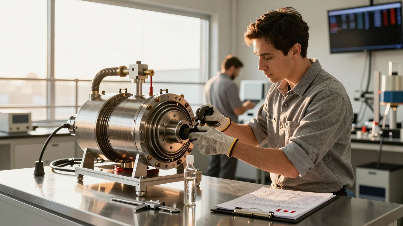 Homem a trabalhar numa máquina metálica num laboratório, usando luvas, com documentos ao lado.