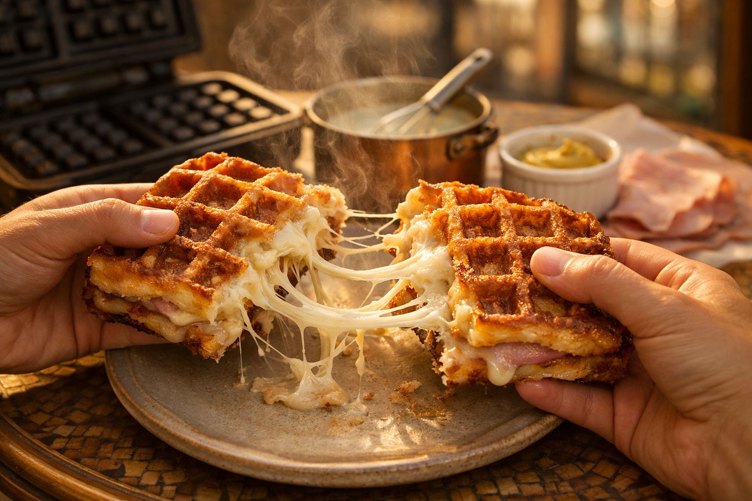 Mãos a separar um waffle recheado com queijo derretido, com vapor visível e acompanhamentos ao fundo.