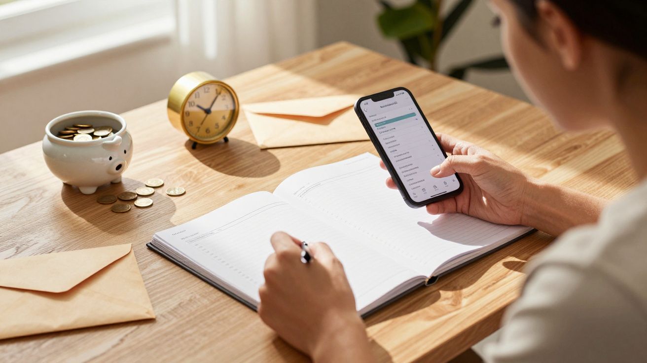 Pessoa a planear orçamento em mesa de madeira, com caderno, telemóvel, relógio e moedas.