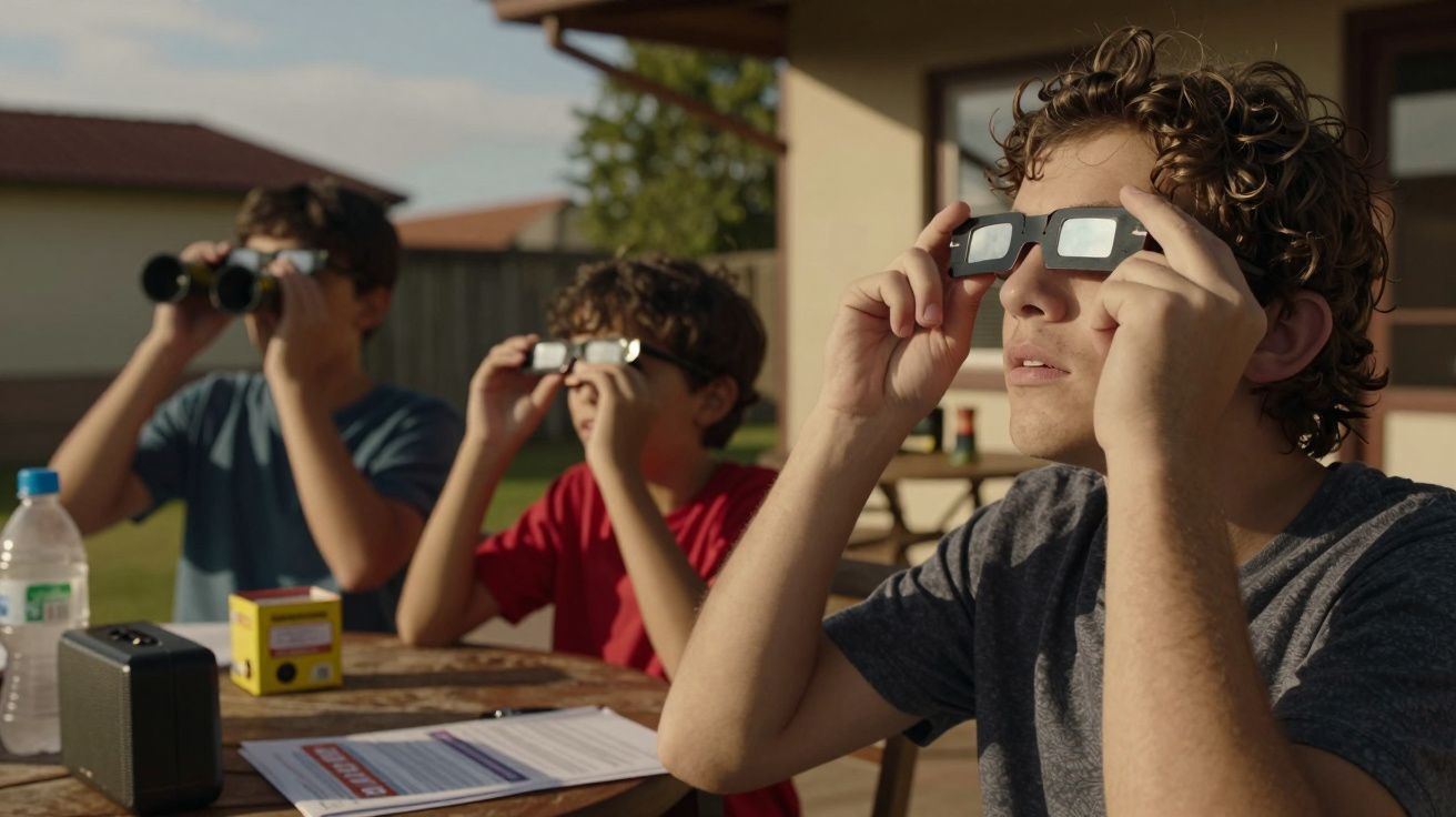 Três jovens a observar o céu com óculos de proteção e binóculos numa mesa ao ar livre.