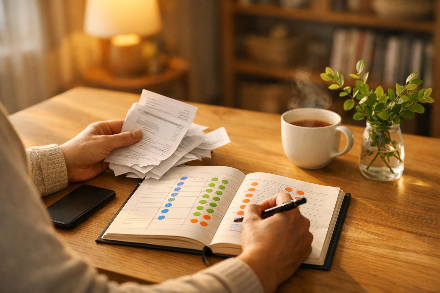 Pessoa revendo notas e escrevendo num caderno, com chá e planta sobre a mesa.