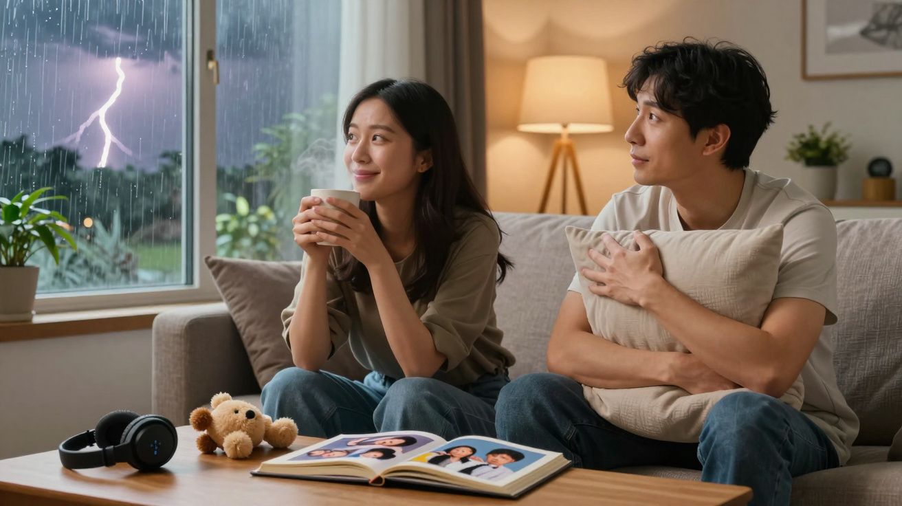 Casal sentado no sofá durante uma tempestade, com raio ao fundo; mulher segura uma chávena, homem abraça almofada.