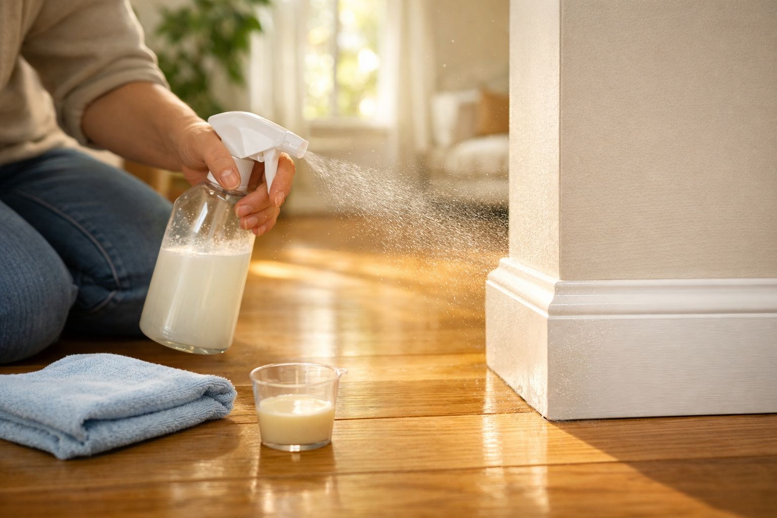 Pessoa ajoelhada a pulverizar líquido na parede com borrifador, pano azul e medidor ao lado.