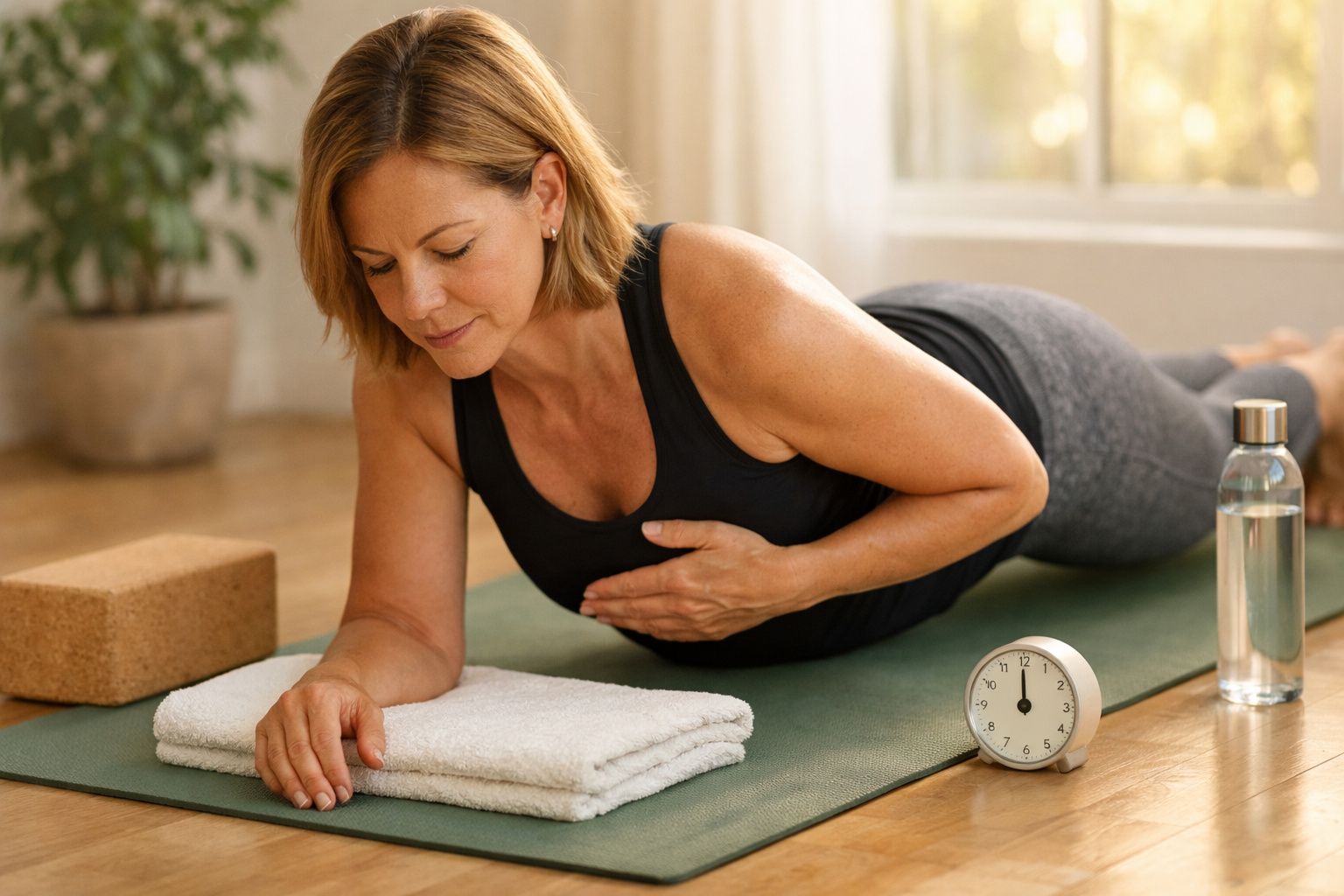 Mulher a fazer exercício de prancha em casa, com toalha e garrafa de água ao lado, sobre um tapete de ioga.