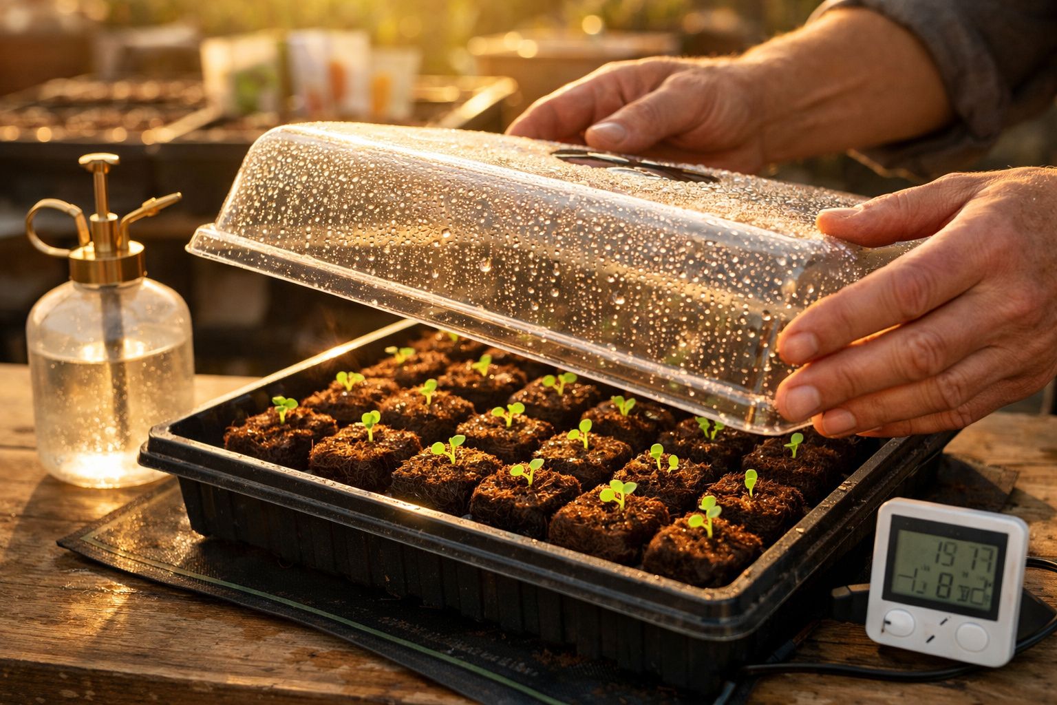 Mãos levantam tampa de plástico sobre bandeja de mudas. Pulverizador e termómetro digital ao lado.