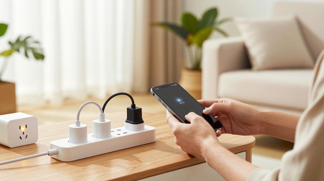 Pessoa usando smartphone perto de uma extensão elétrica com múltiplos aparelhos ligados em mesa de madeira.