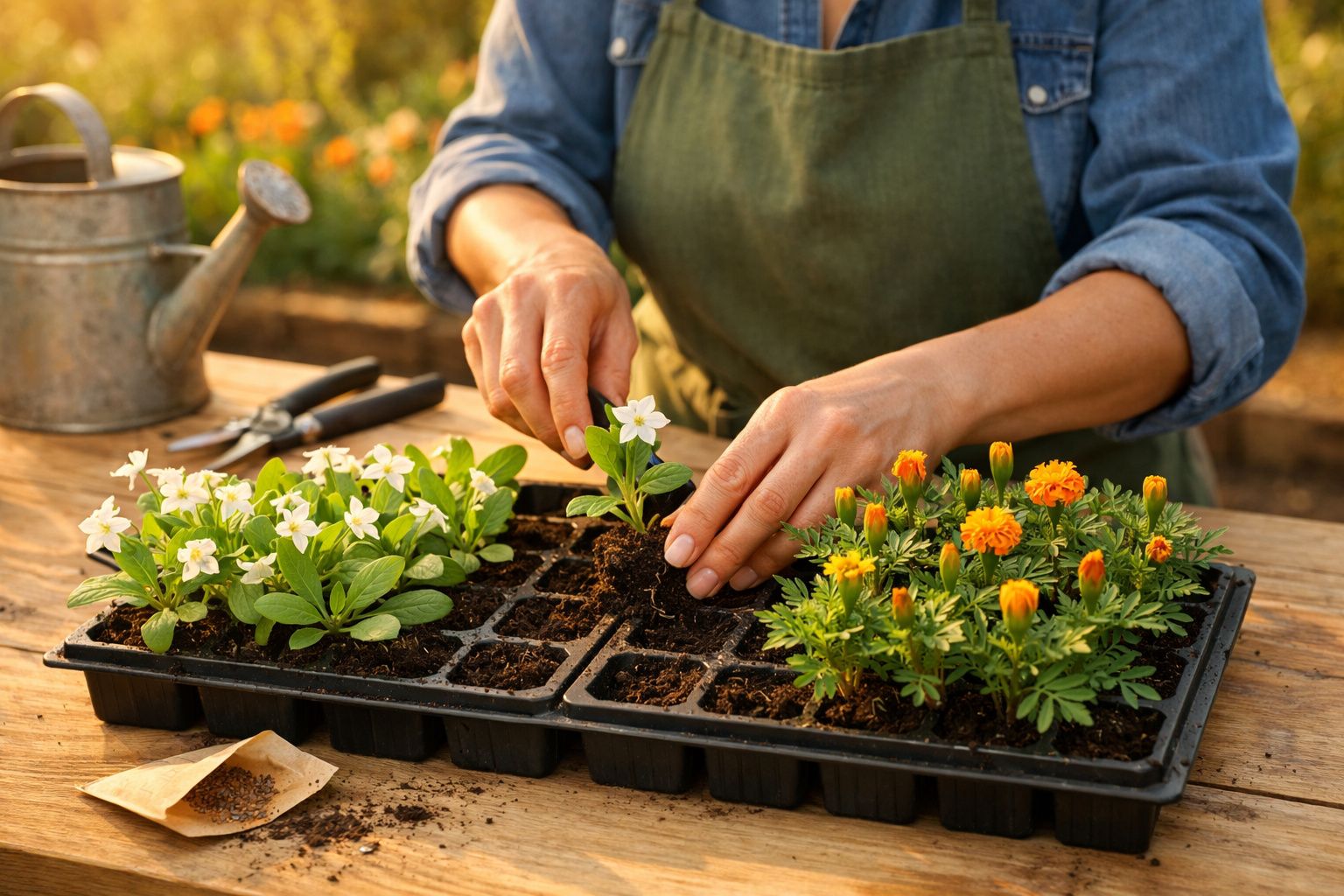 Pessoa a plantar mudas de flores numa bandeja de sementeira, com regador e ferramentas ao fundo em mesa de madeira.