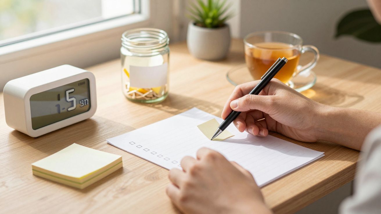 Pessoa escreve lista de tarefas à mesa com chá, relógio, notas adesivas e planta.