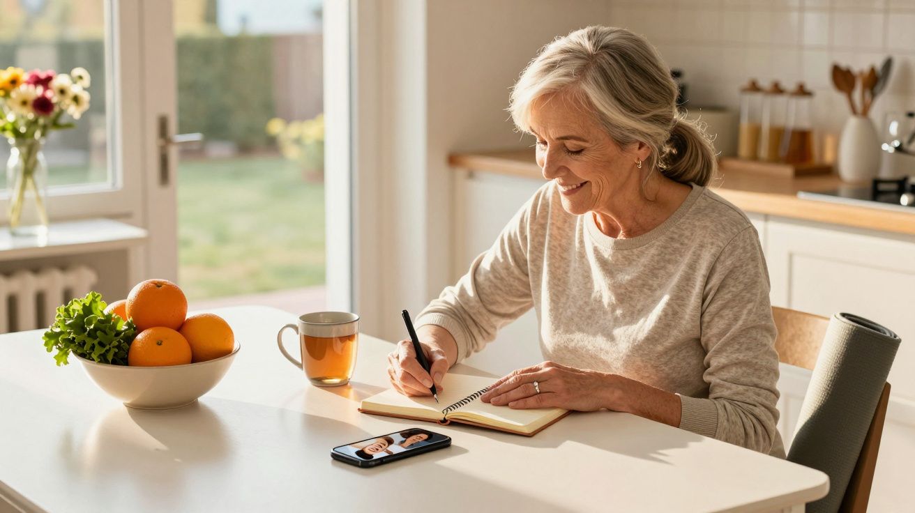 Mulher idosa escreve num caderno numa cozinha iluminada, com frutas e chá na mesa, enquanto faz videochamada no telemóvel.