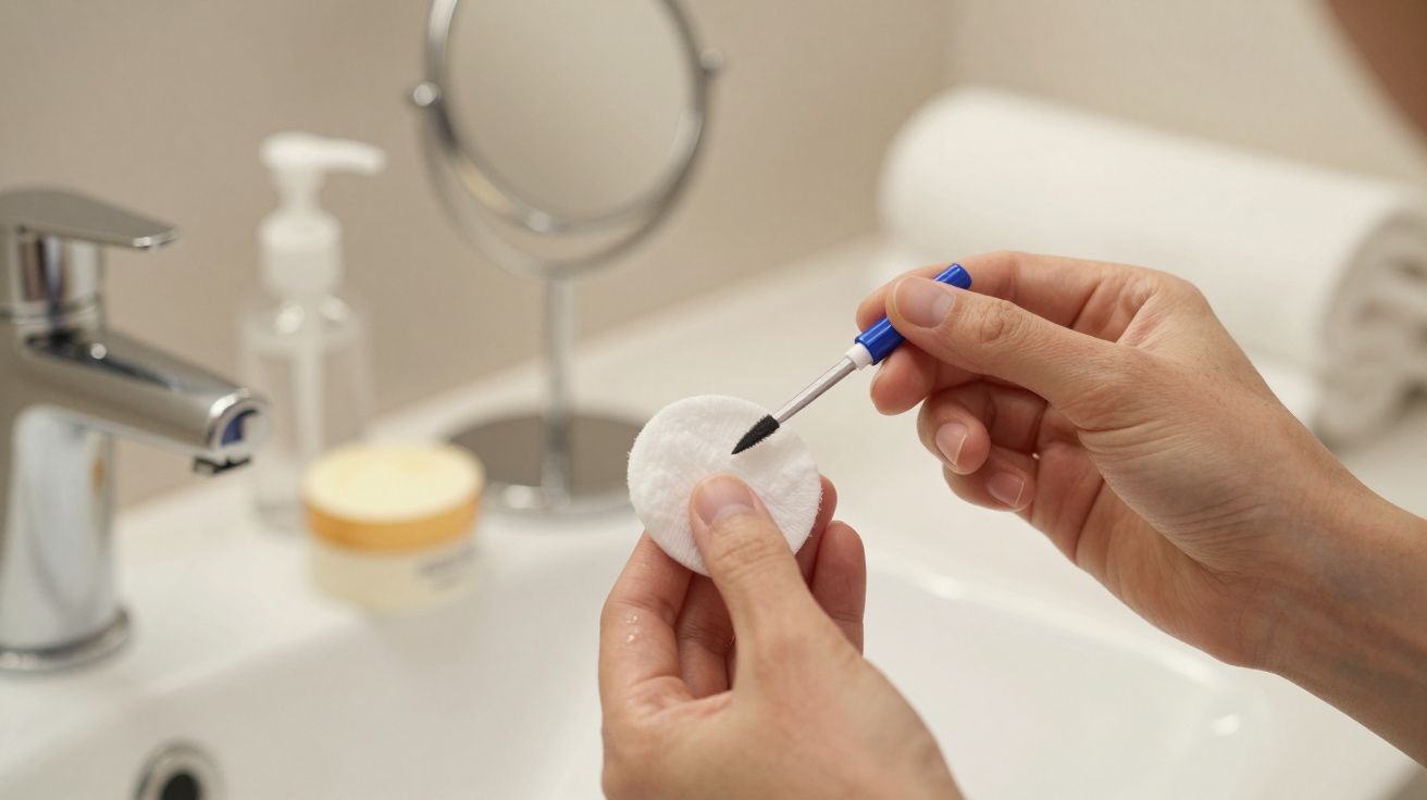 Mãos seguram cotonete e disco de algodão, com lavatório e espelho desfocados ao fundo.