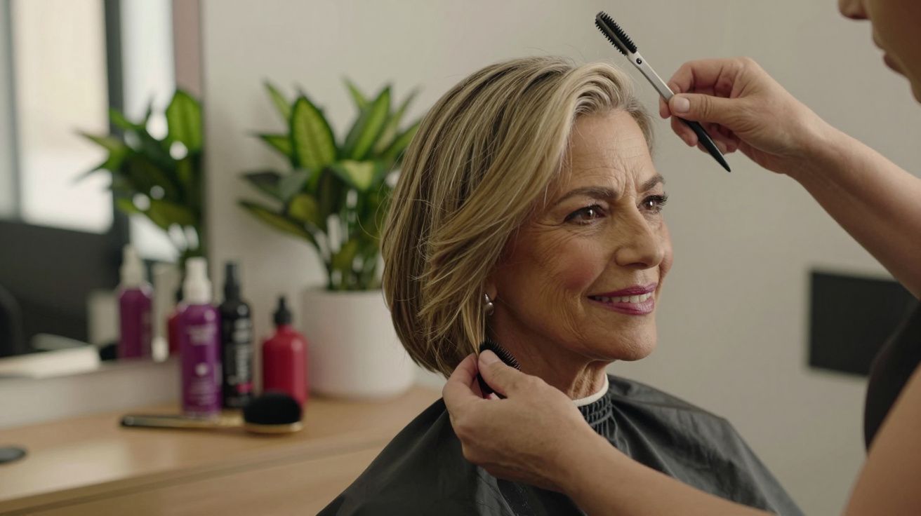 Mulher sorridente a receber um corte de cabelo num salão de beleza, rodeada por produtos de cabelo e plantas.