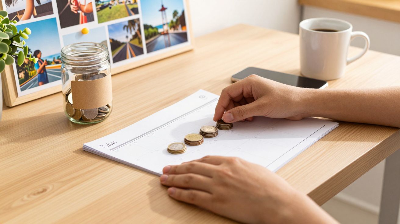 Mãos organizando moedas em cima de um calendário, com jarro de moedas, smartphone e chávena ao fundo numa mesa de madeira.