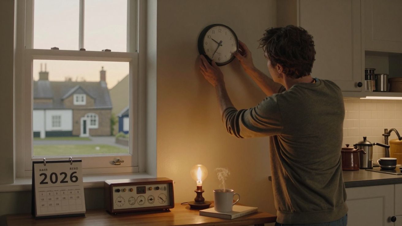 Homem ajusta relógio de parede numa cozinha com calendário de março de 2026 e chávena fumegante sobre a bancada.