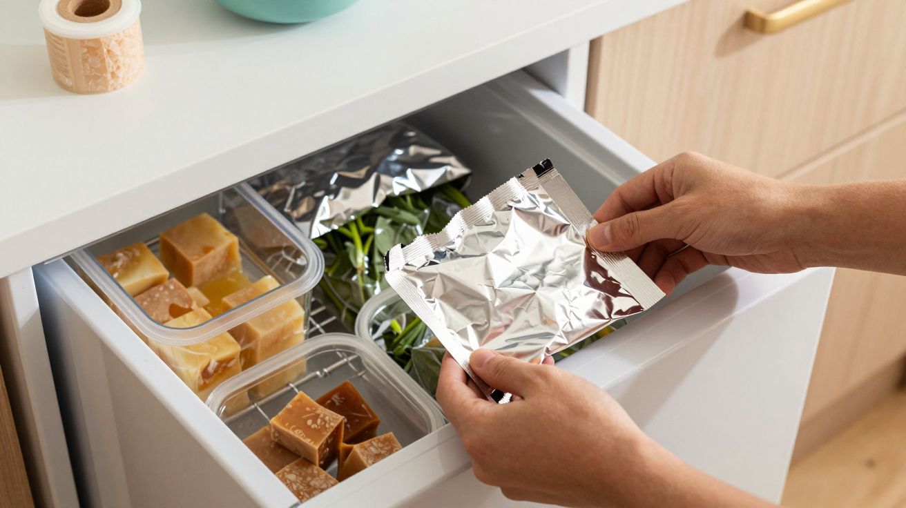 Mãos a guardar um saco de folha de alumínio numa gaveta com ervas e recipientes de comida.