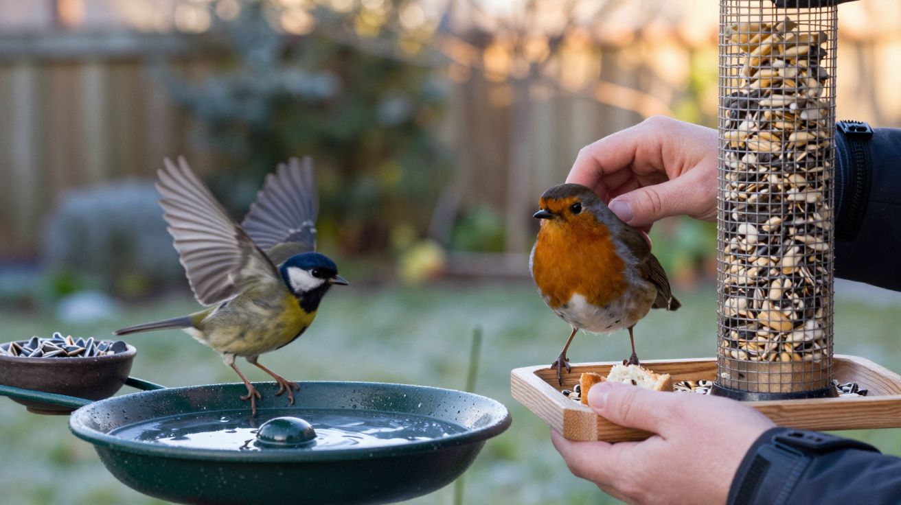 Ave a voar perto de comedouro, ao lado de outra ave pousada numa mão que segura sementes.