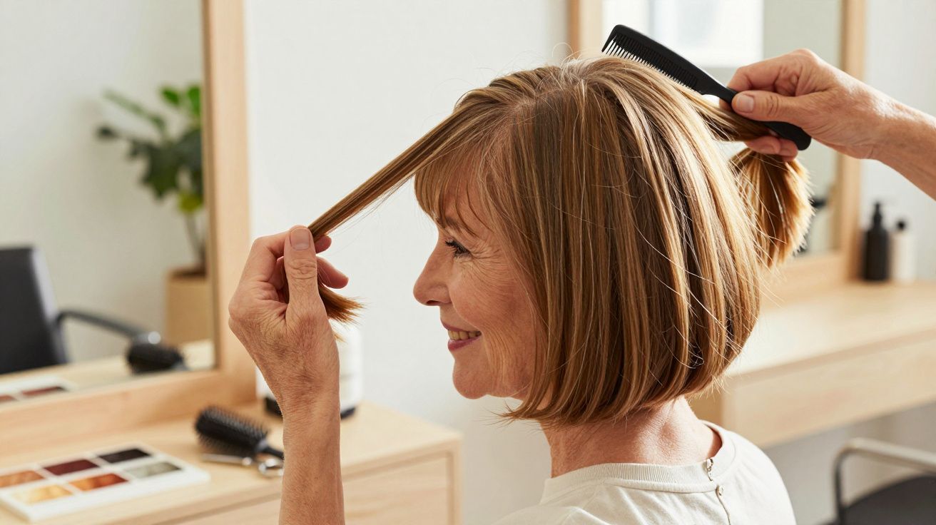 Mulher de cabelo curto a ser penteado por cabeleireiro num salão moderno.