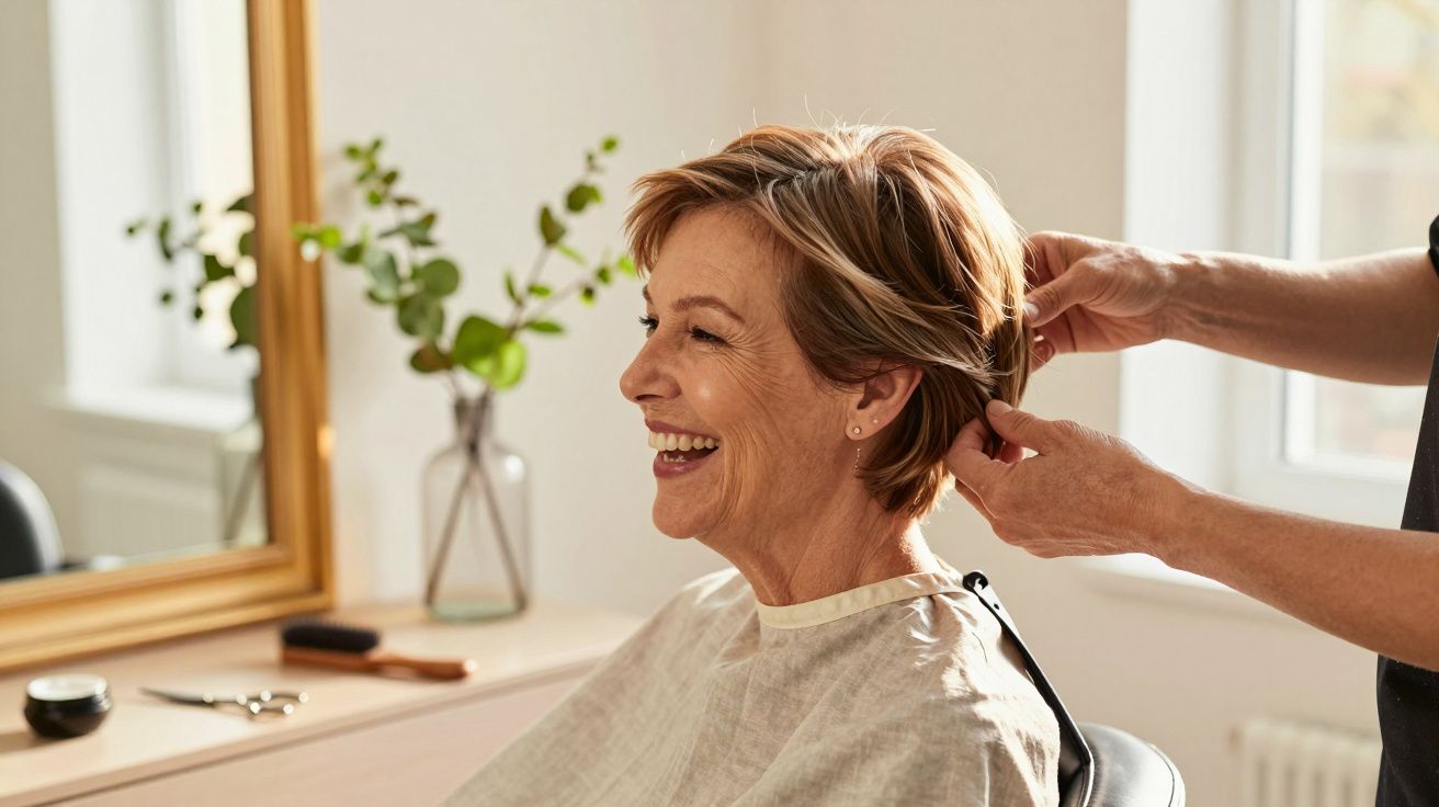 Mulher sorridente no cabeleireiro, com cabelo curto, enquanto estilista ajusta seu penteado.
