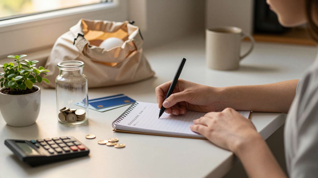 Pessoa escreve em caderno numa mesa com calculadora, planta, jarro de moedas e cartão de crédito.