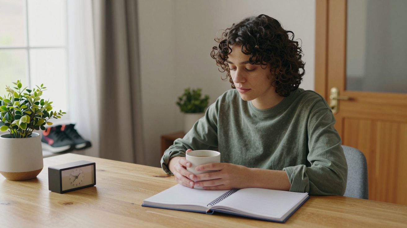 Pessoa sentada à mesa segurando uma chávena, olhando para um caderno aberto, com uma planta e um relógio ao lado.