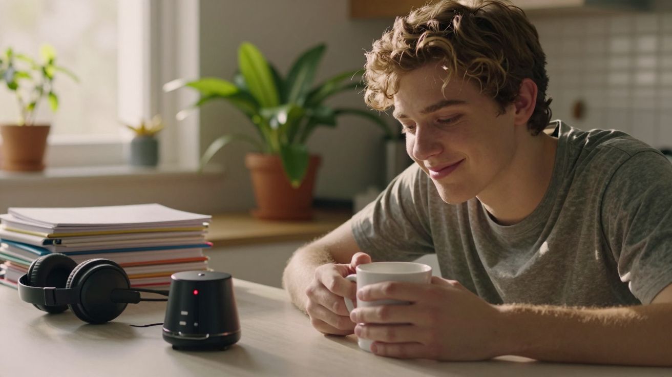Jovem sorrindo segura chá ao lado de uma coluna e auscultadores, com plantas e cadernos ao fundo em ambiente de cozinha.