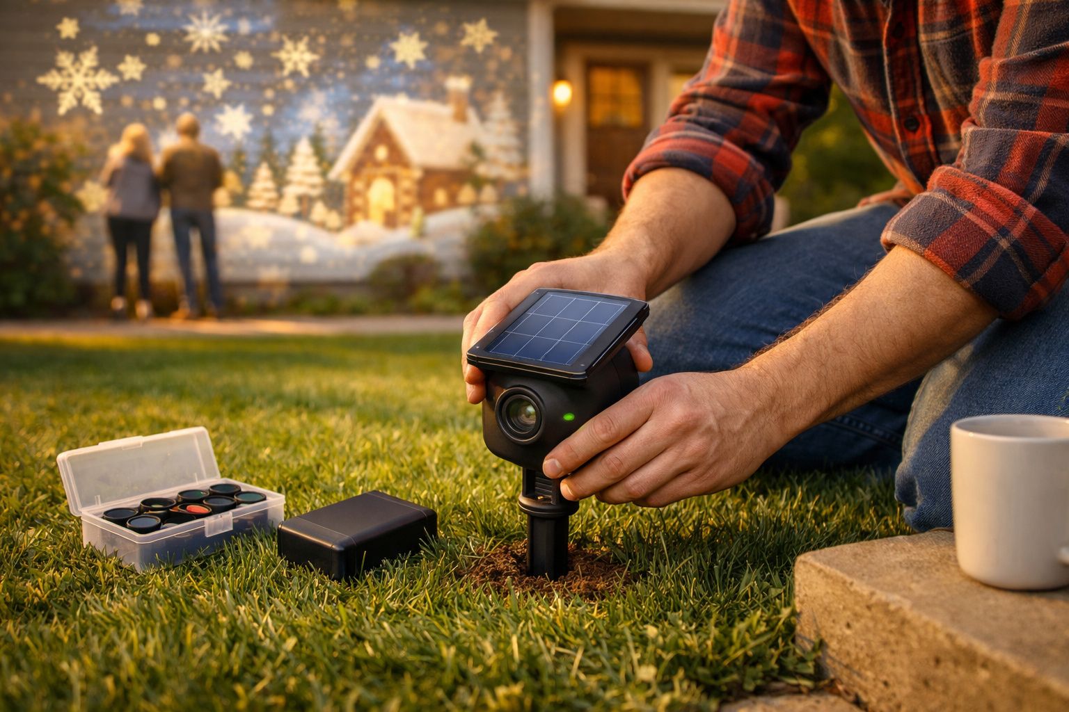 Homem instala uma luz solar no jardim, com caixa de ferramentas ao lado; mural de inverno ao fundo.