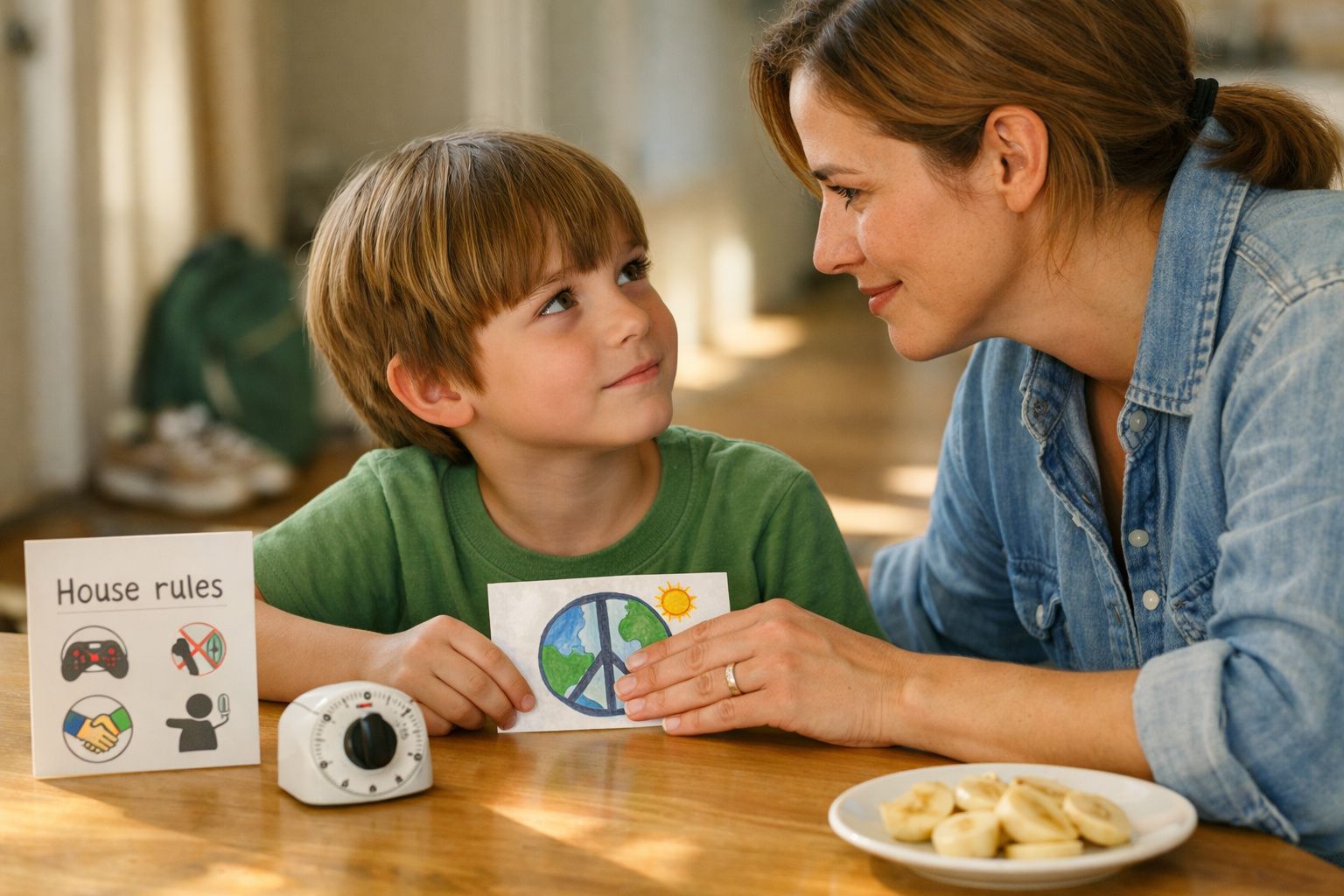 Mulher e criança sentados à mesa, olhando-se e segurando um desenho de paz. Cartão com regras da casa ao lado.
