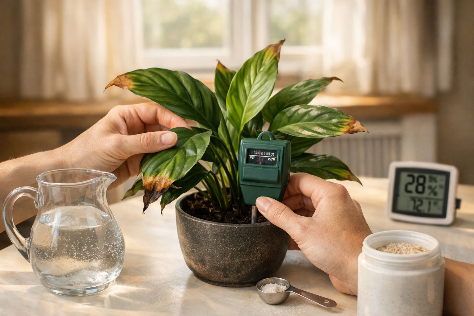Pessoa verifica a humidade de uma planta em vaso com medidor, ao lado regador e borrifador, sobre mesa de madeira.