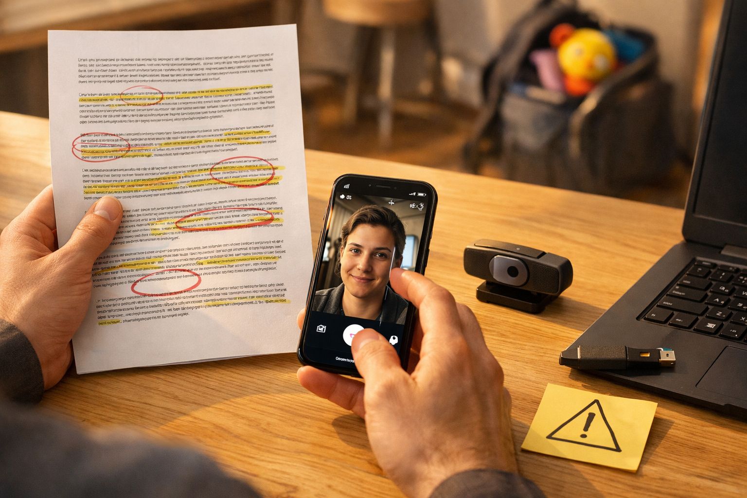 Pessoa segura documento assinalado e telemóvel com vídeo-chamada, ao lado de portátil e webcam sobre mesa de madeira.