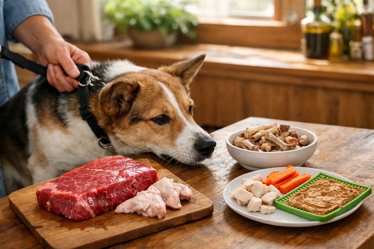 Cão a observar comida em cima da mesa, incluindo carne, frango, cenoura e um prato de ossos.