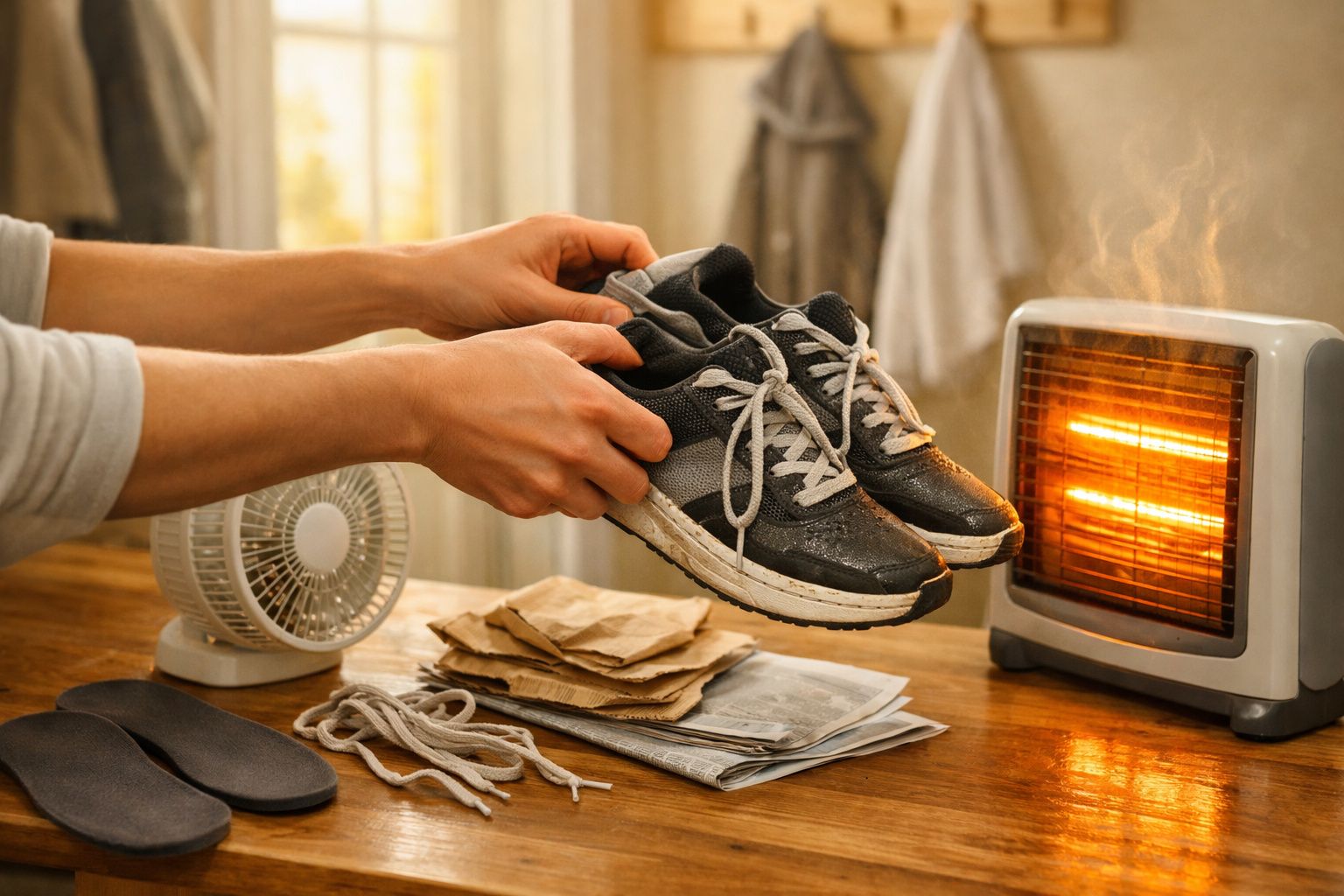 Pessoa seca ténis com aquecedor elétrico numa mesa de madeira. Ventoinha, jornais e atacadores ao lado.