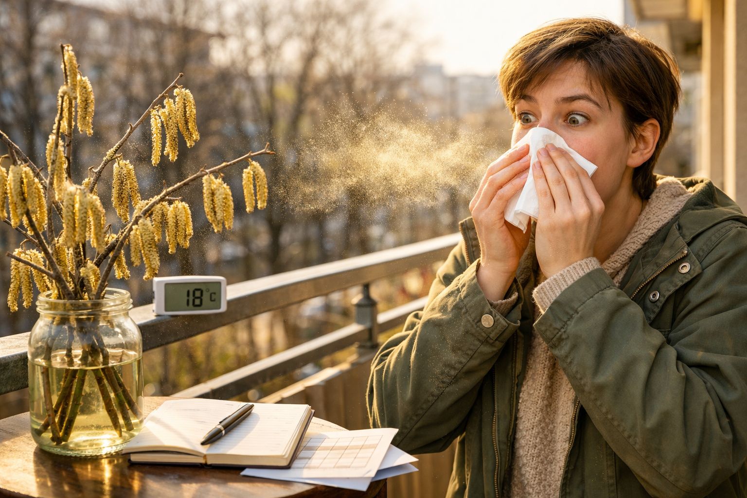 Mulher com alergia ao pólen espirra numa varanda; termómetro mostra 18°C.