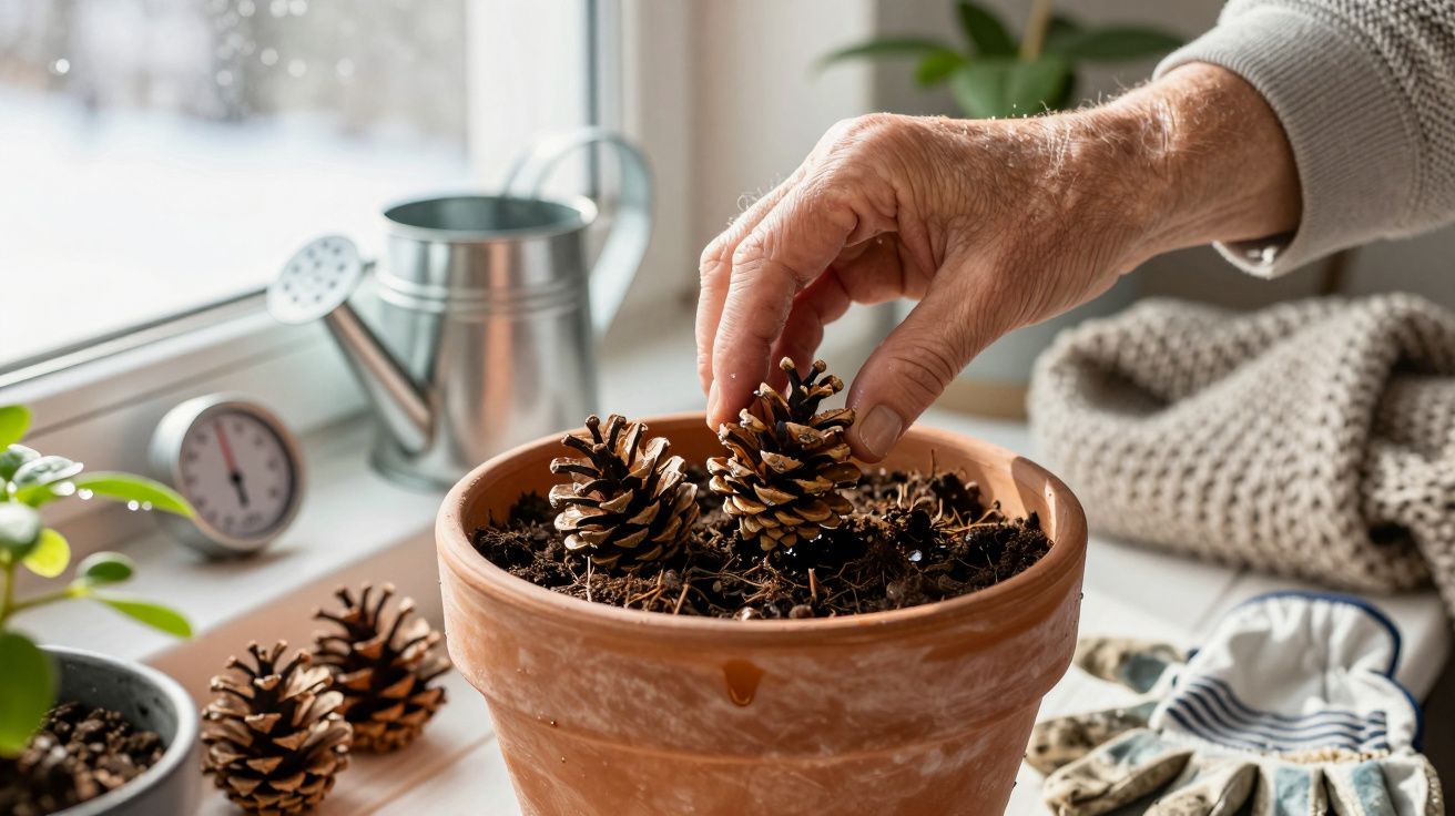 Mão colocando pinhas num vaso de terra junto a uma janela com regador e plantas ao fundo.