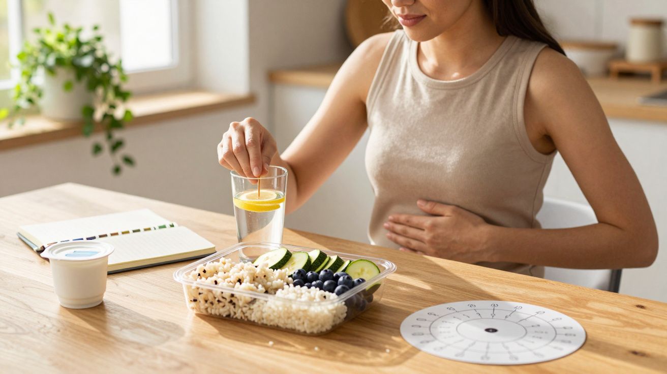 Mulher sentada à mesa com comida saudável, segurando copo de água com limão. Caderno e relogio de dieta na mesa.