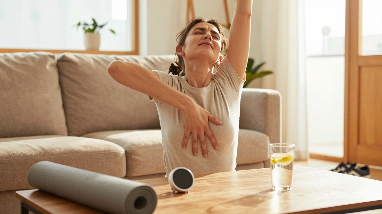 Mulher alonga-se na sala, com tapete de ioga, copo de água e altifalante sobre a mesa.