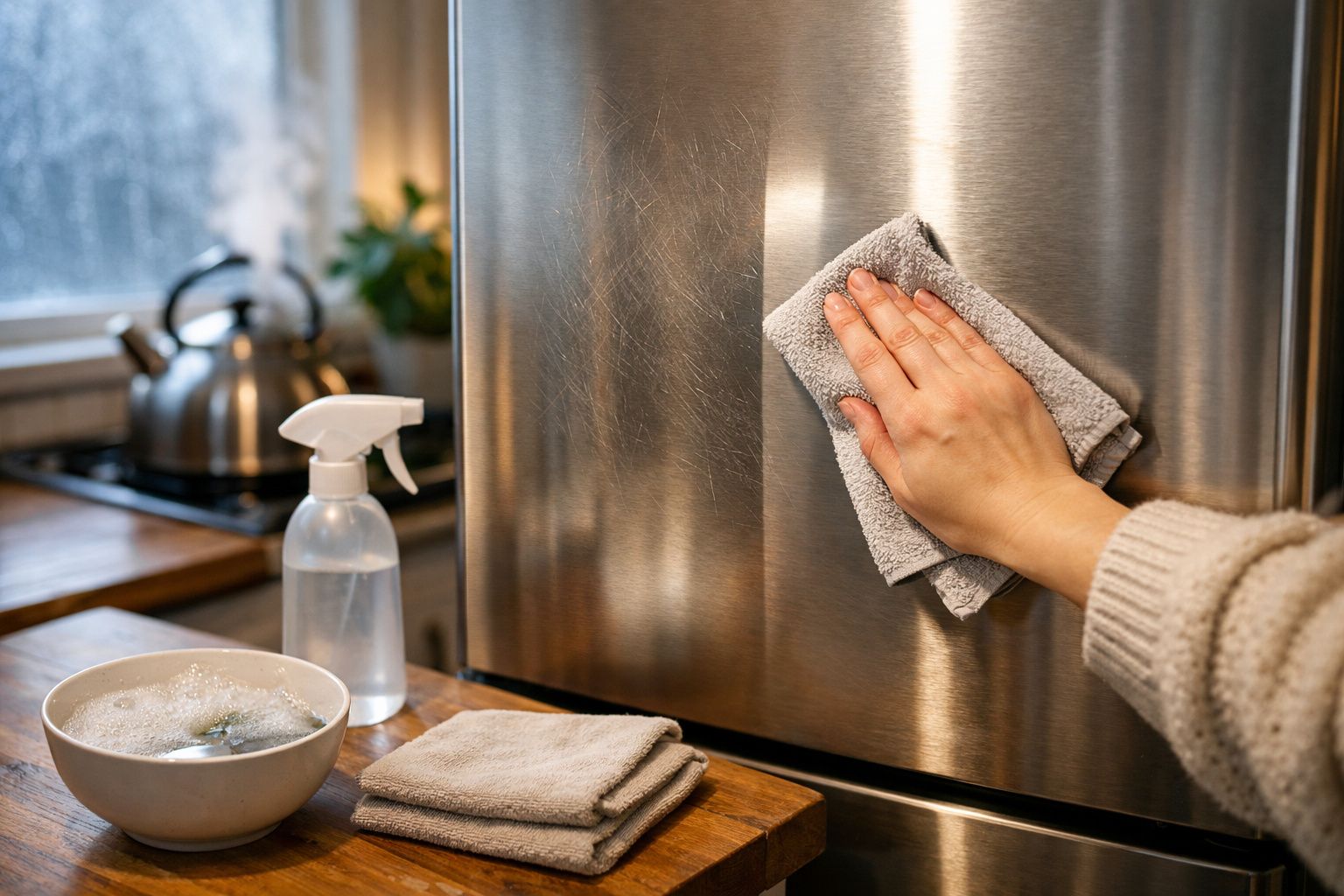Mão a limpar frigorífico inox com pano cinza; utensílios de limpeza e chaleira ao fundo.