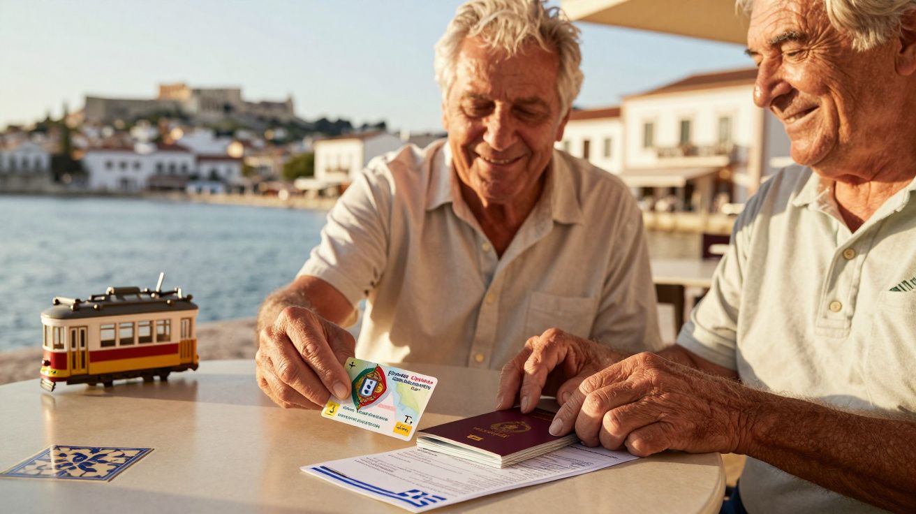 Dois homens idosos sentados à mesa perto da água, segurando documentos de viagem. Modelo de elétrico em miniatura na mesa.