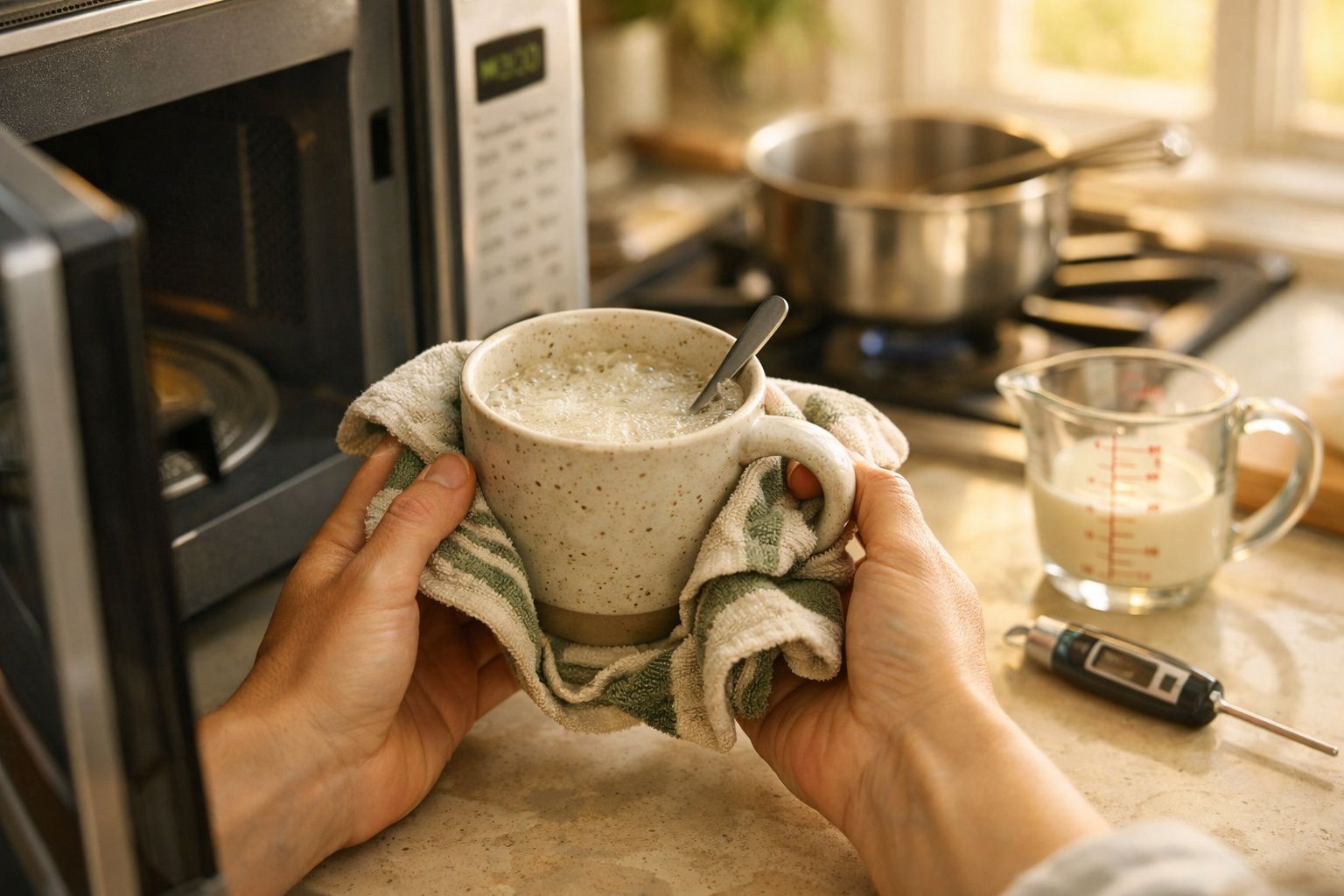 Pessoa segura caneca de aveia com pano em frente a micro-ondas, com tachinho e copo medidor de leite ao fundo.
