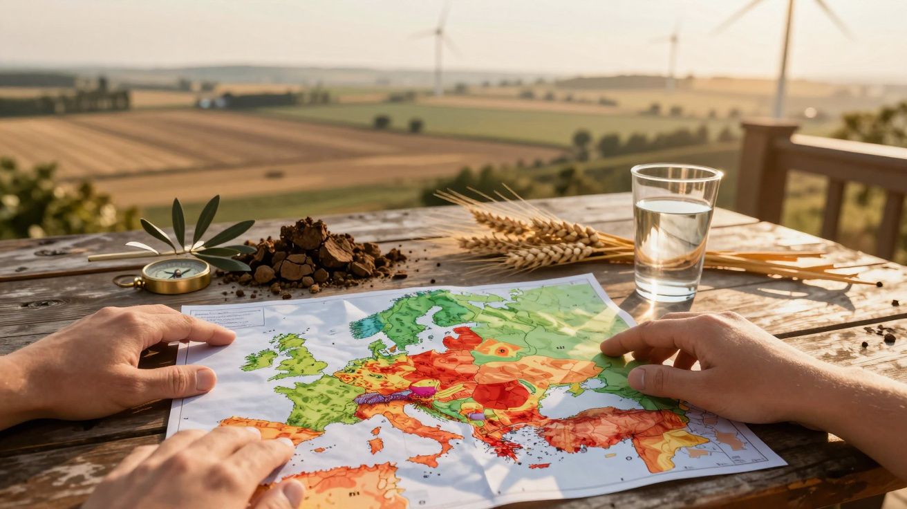 Mãos seguram mapa de calor em mesa de madeira, rodeado por bússola, grãos de trigo e copo de água. Campos eólicas ao fundo.