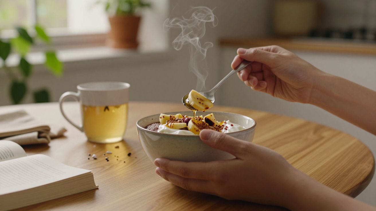 Mão segurando taça de iogurte com frutas, chá quente ao lado e livro aberto sobre a mesa de madeira.