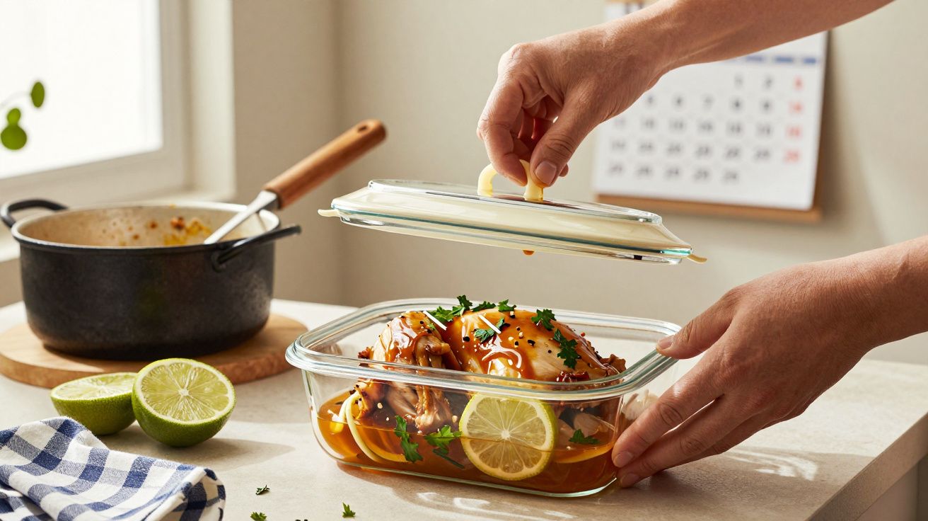 Mãos fecham recipiente de vidro com frango, limão e salsa; tacho e limões ao fundo, próximo de janela e toalha.