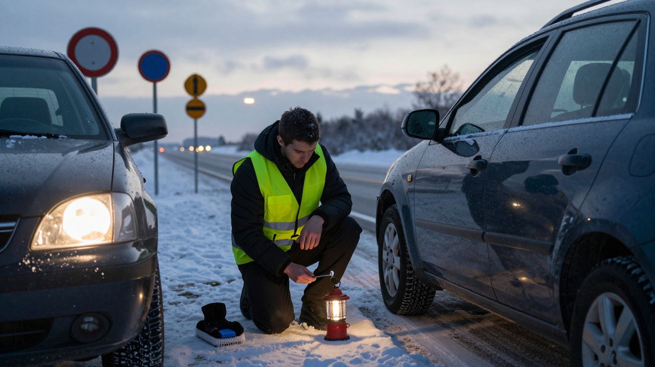 Homem de colete refletor ajoelhado na neve, entre dois carros, segurando uma lanterna numa estrada nevada ao entardecer.