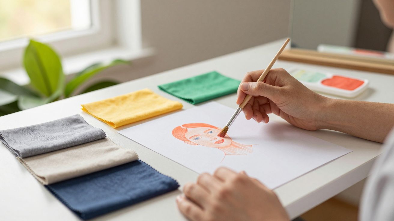 Pessoa pinta retrato em papel sobre mesa com tecidos coloridos e janela ao fundo.