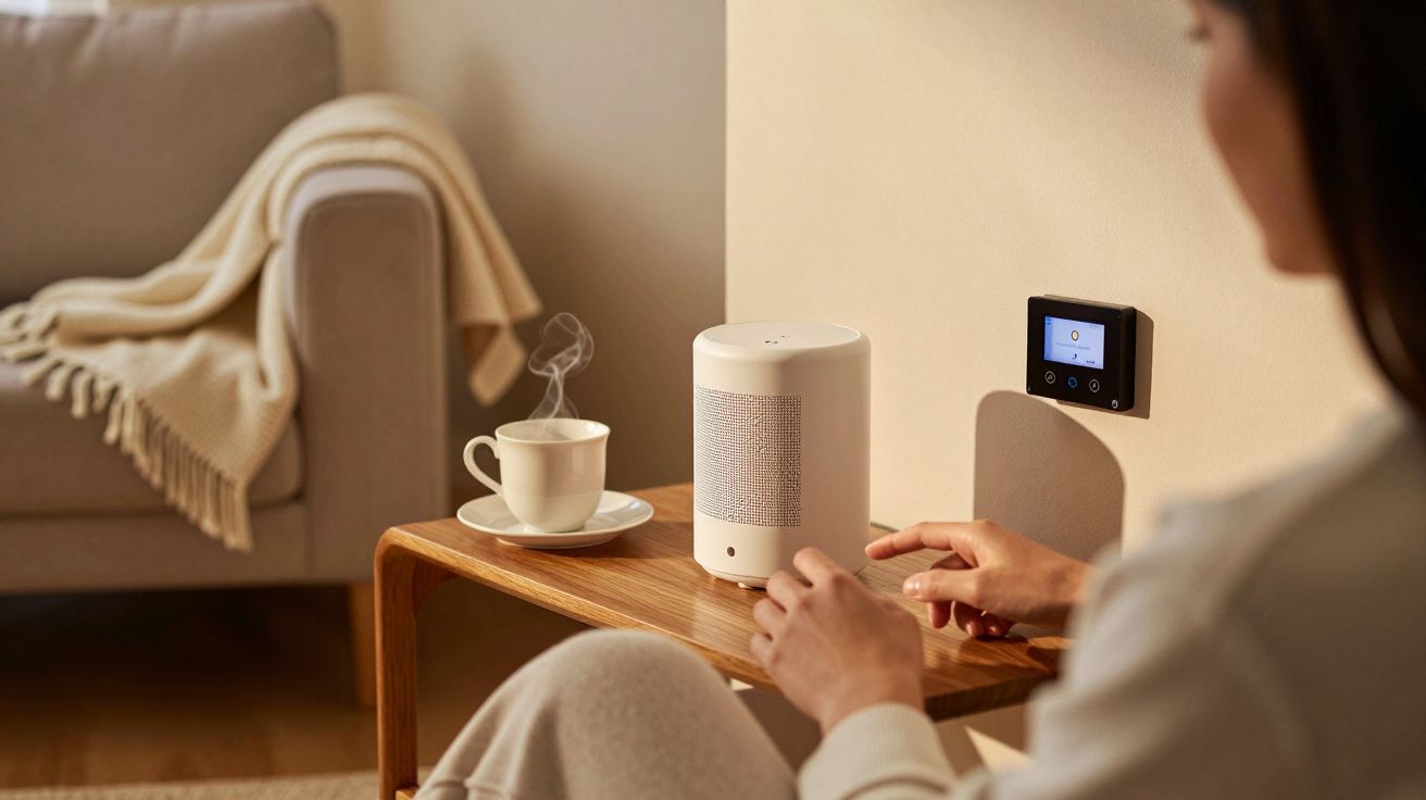 Mulher ajusta termóstato na parede ao lado de um difusor branco e chávena de chá numa mesa de madeira.