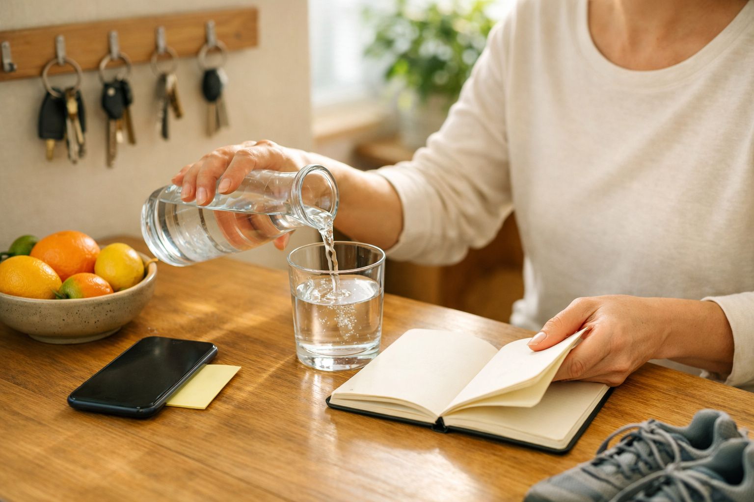 Pessoa a servir água num copo enquanto escreve num caderno. Fruta, telemóvel e chaves sobre a mesa de madeira.