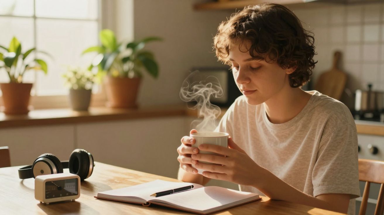 Pessoa sentada à mesa com chávena fumegante, papel, caneta, auscultadores e despertador. Plantas ao fundo.