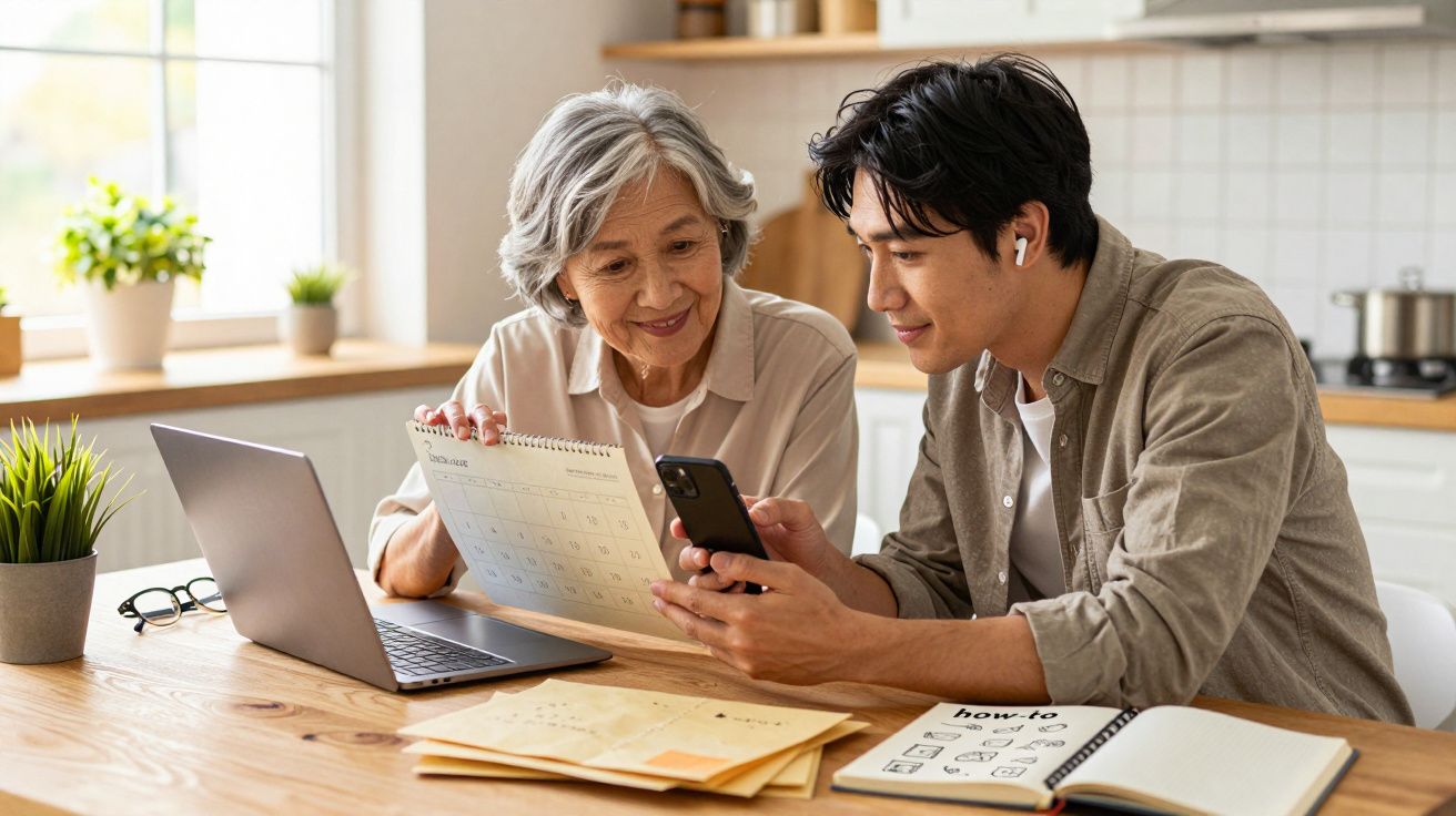 Idosa e jovem planeiam juntos, olhando para um calendário e um telemóvel numa cozinha, com portátil e cadernos na mesa.